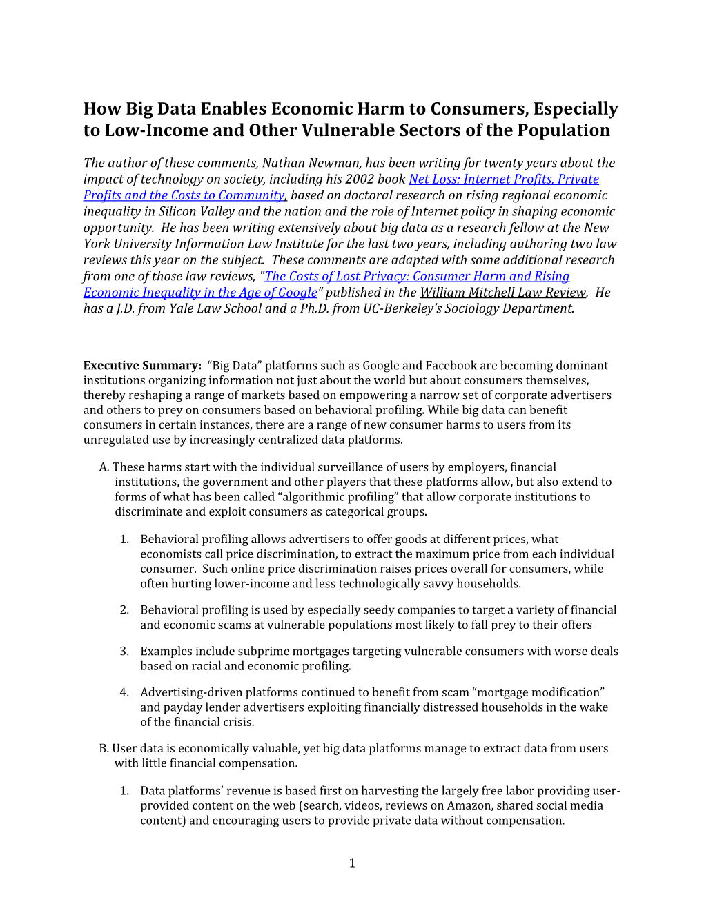 How Big Data Enables Economic Harm to Consumers, Especially to Low-Income and Other Vulnerable Sectors of the Population