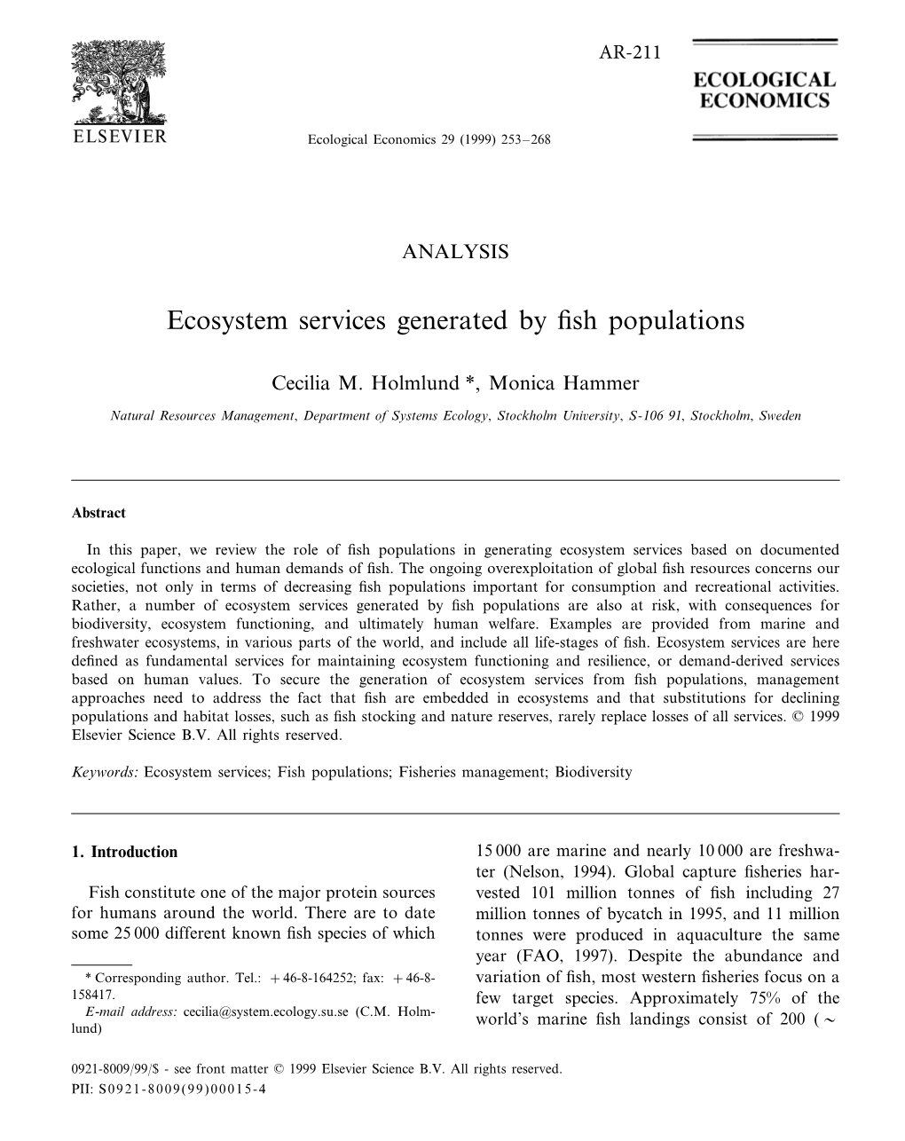 Ecosystem Services Generated by Fish Populations