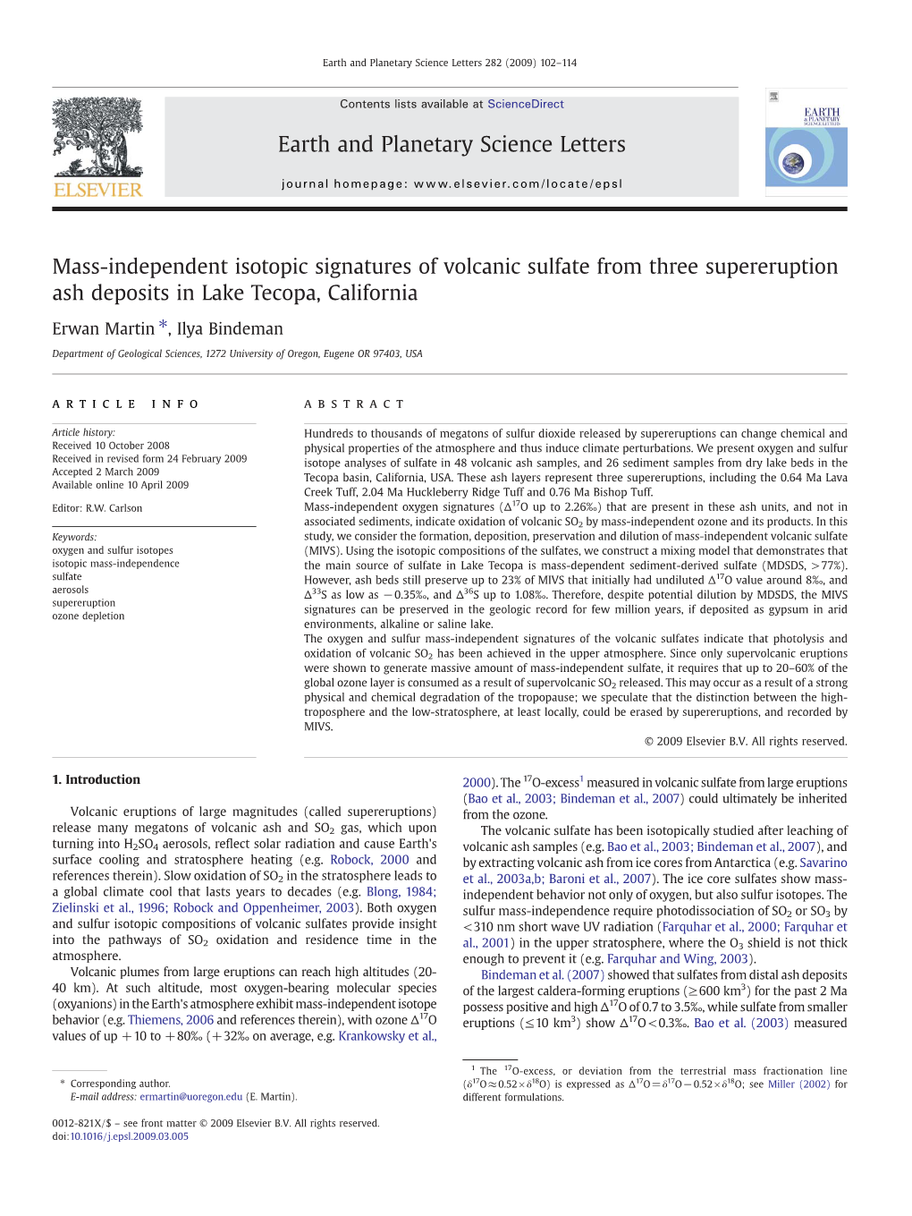 Mass-Independent Isotopic Signatures of Volcanic Sulfate from Three Supereruption Ash Deposits in Lake Tecopa, California