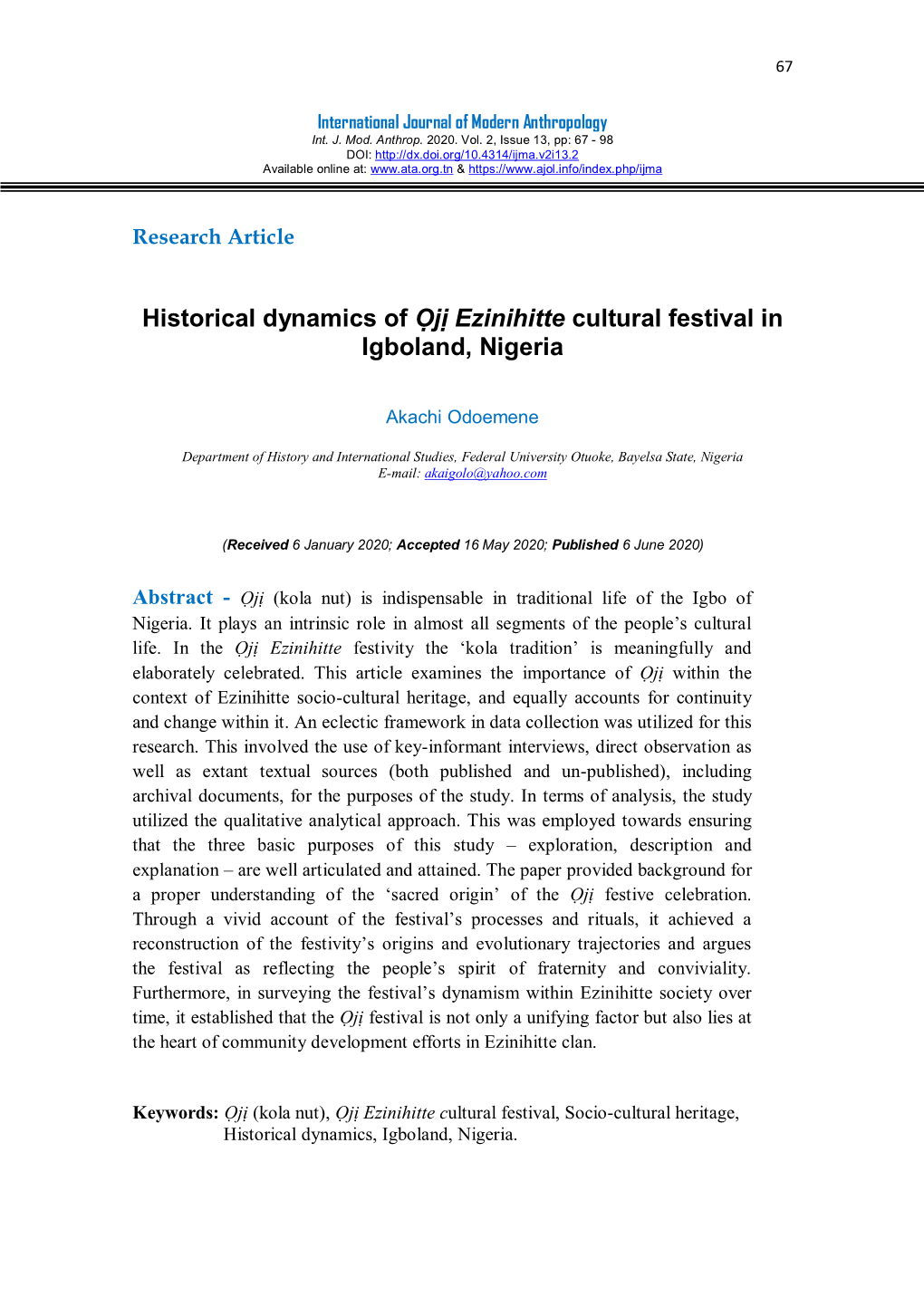 Historical Dynamics of Ọjị Ezinihitte Cultural Festival in Igboland, Nigeria