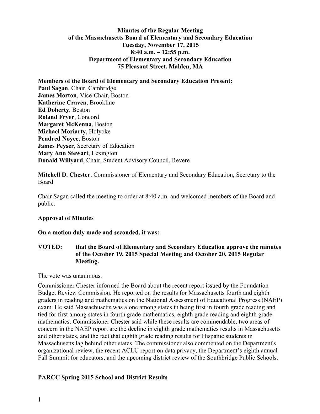 Minutes of the BESE November 16 Special Meeting and November 17 Regular Meeting