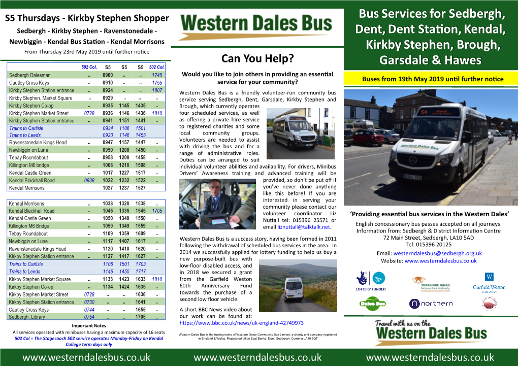 Busservicesfor Sedbergh, Dent,Dent Station,Kendal, Kirkbystephen