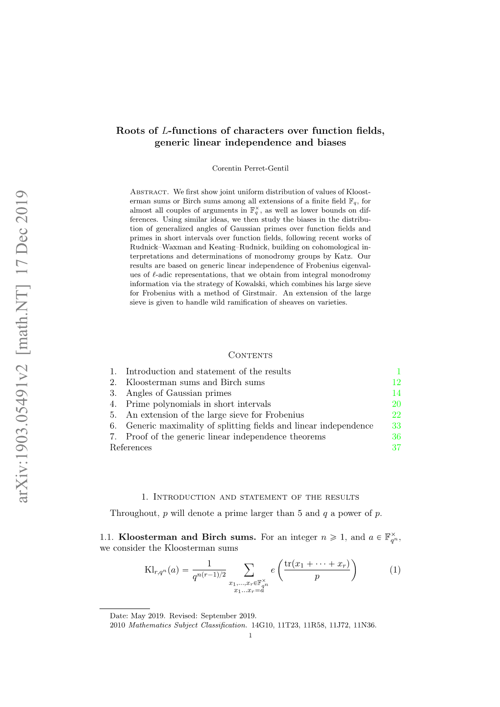 Roots of L-Functions of Characters Over Function Fields, Generic