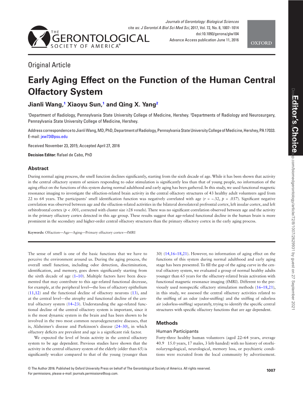 Early Aging Effect on the Function of the Human Central Olfactory System