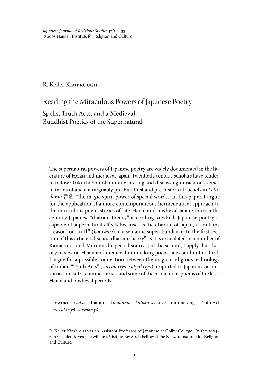 Reading the Miraculous Powers of Japanese Poetry Spells, Truth Acts, and a Medieval Buddhist Poetics of the Supernatural