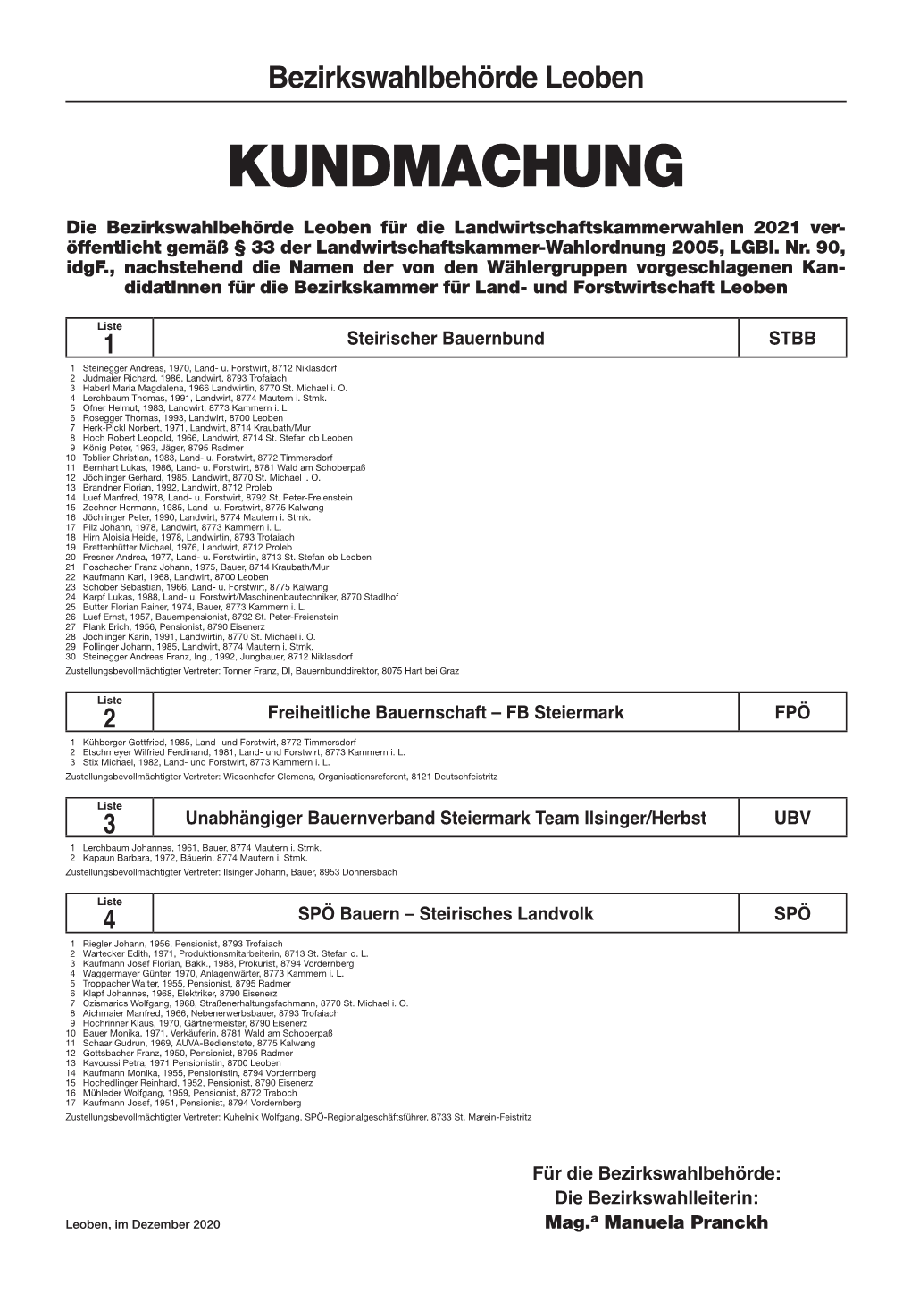 Bezirkswahlbehörde Leoben KUNDMACHUNG