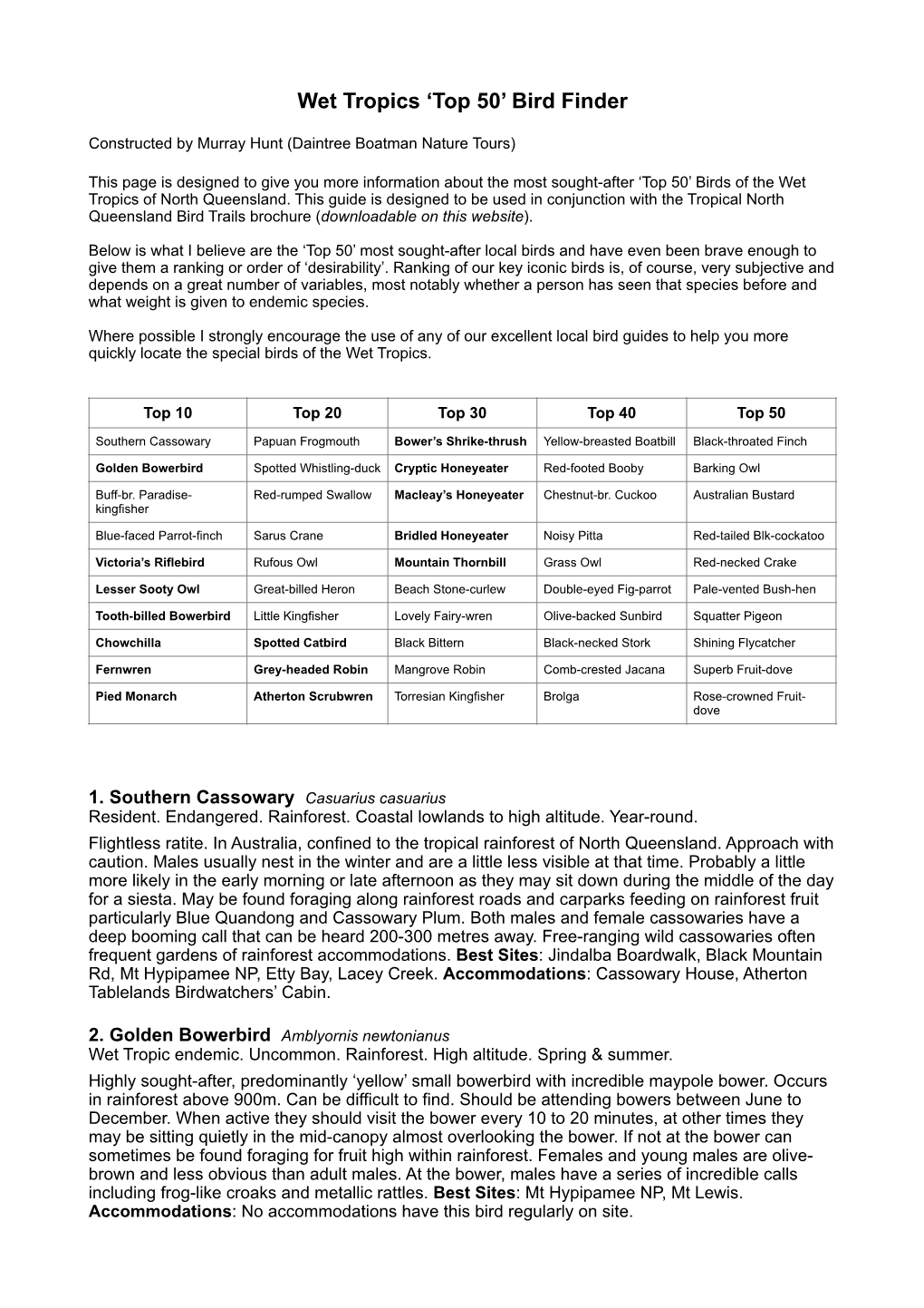 Wet Tropics 'Top 50' Bird Finder