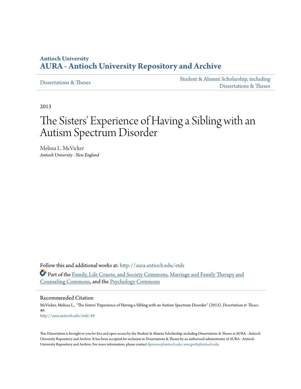 The Sisters' Experience of Having a Sibling with an Autism Spectrum Disorder