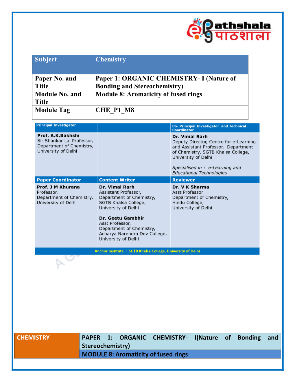 ORGANIC CHEMISTRY- I (Nature of Title Bonding and Stereochemistry) Module No