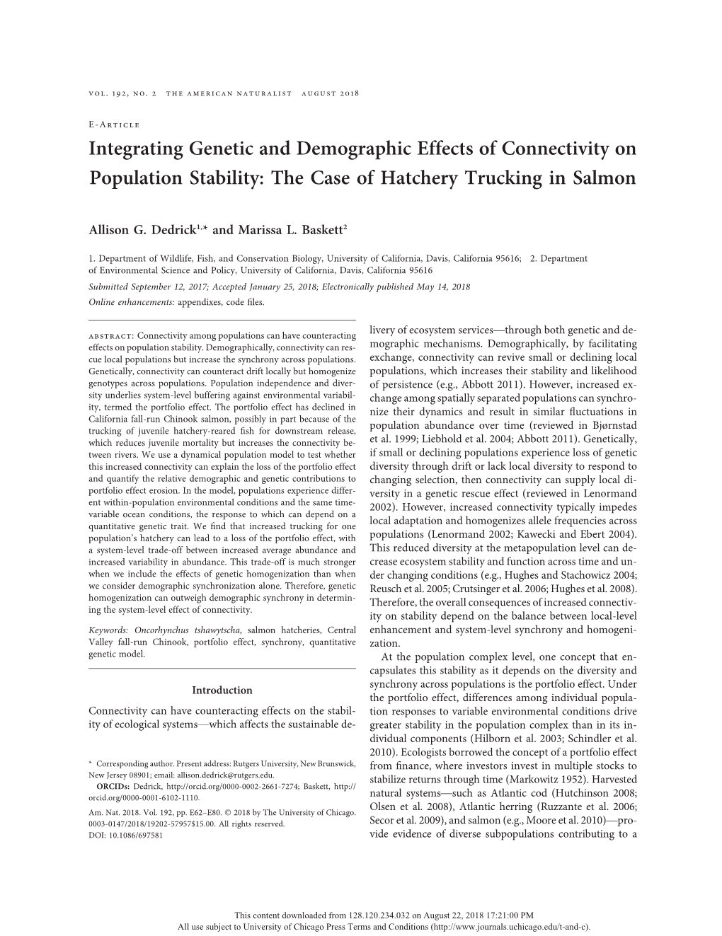 Integrating Genetic and Demographic Effects of Connectivity on Population Stability: the Case of Hatchery Trucking in Salmon