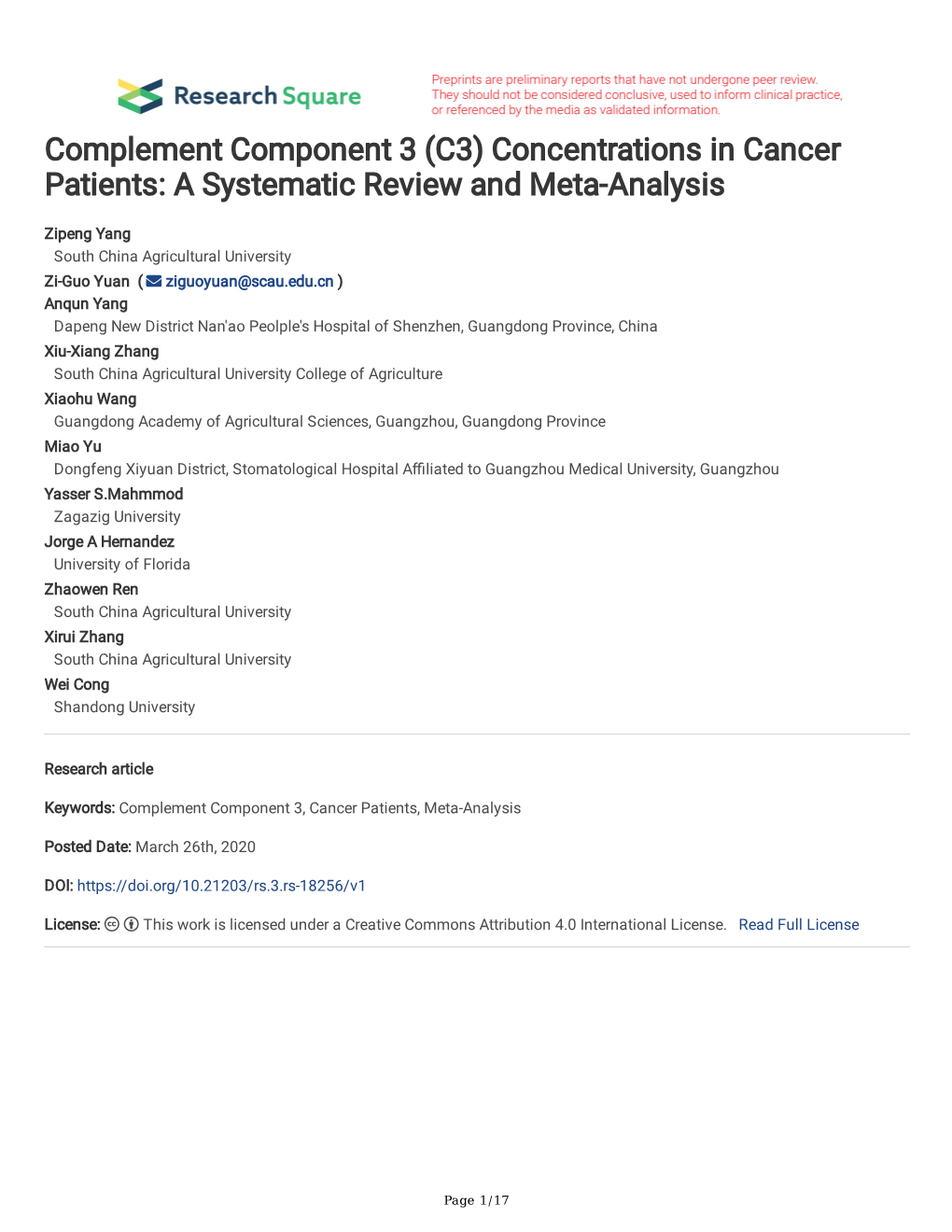 Complement Component 3 (C3) Concentrations in Cancer Patients: a Systematic Review and Meta-Analysis