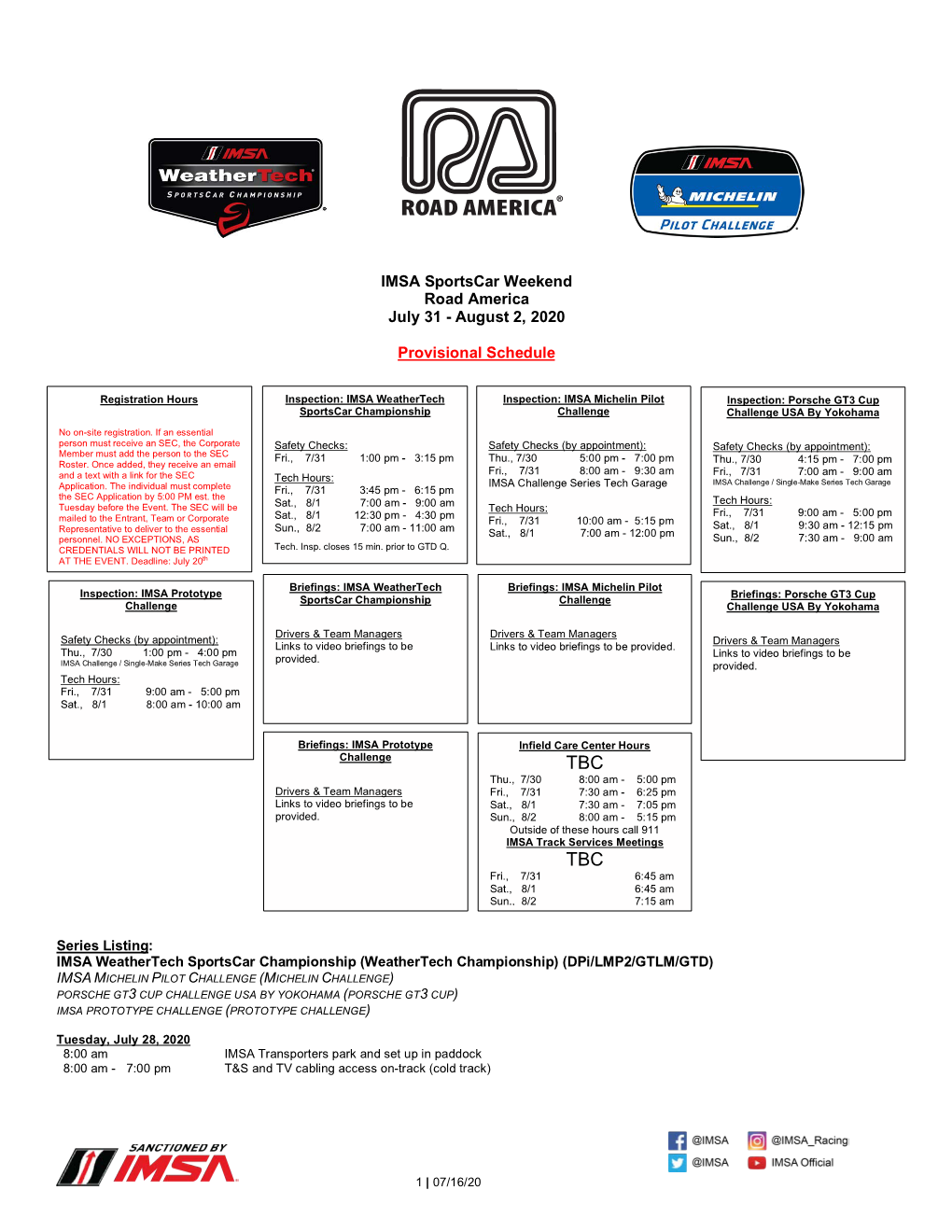 2020 IMSA Provisional Schedule and SR Road America 071620 V1