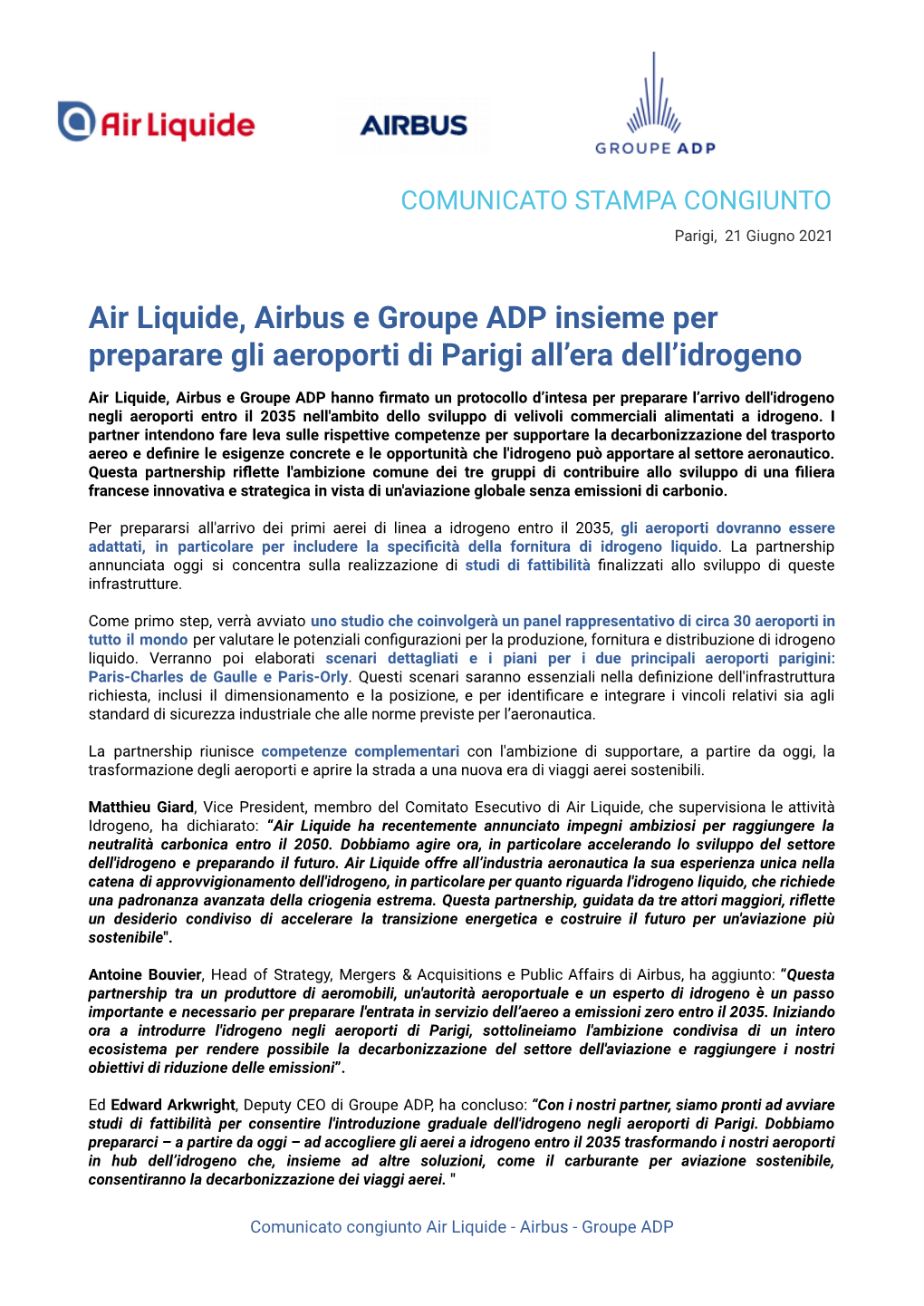 Air Liquide, Airbus E Il Gruppo ADP Collaborano Per Preparare Gli