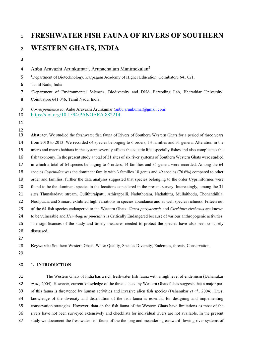 Freshwater Fish Fauna of Rivers of Southern