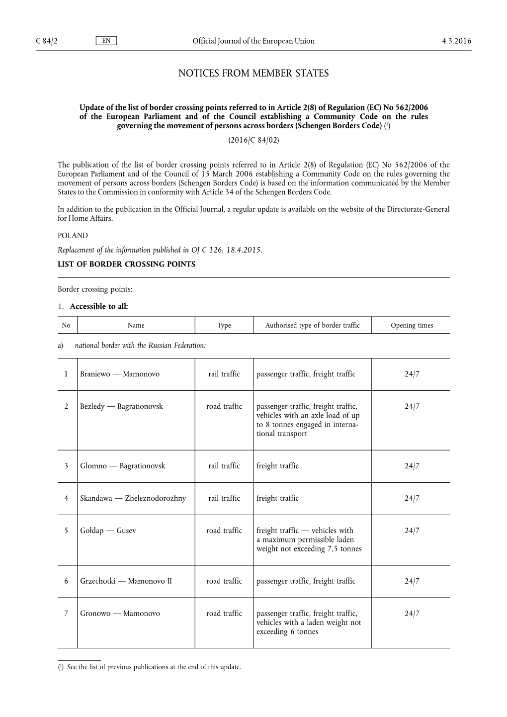 Update of the List of Border Crossing Points Referred to In