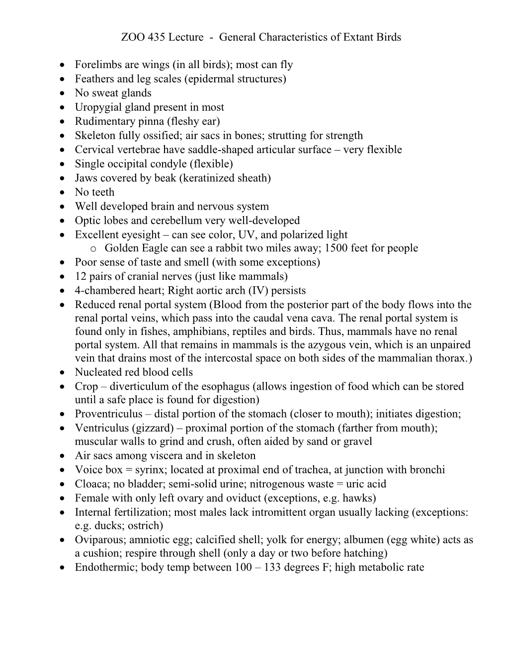 ZOO 435 Lecture - General Characteristics of Extant Birds