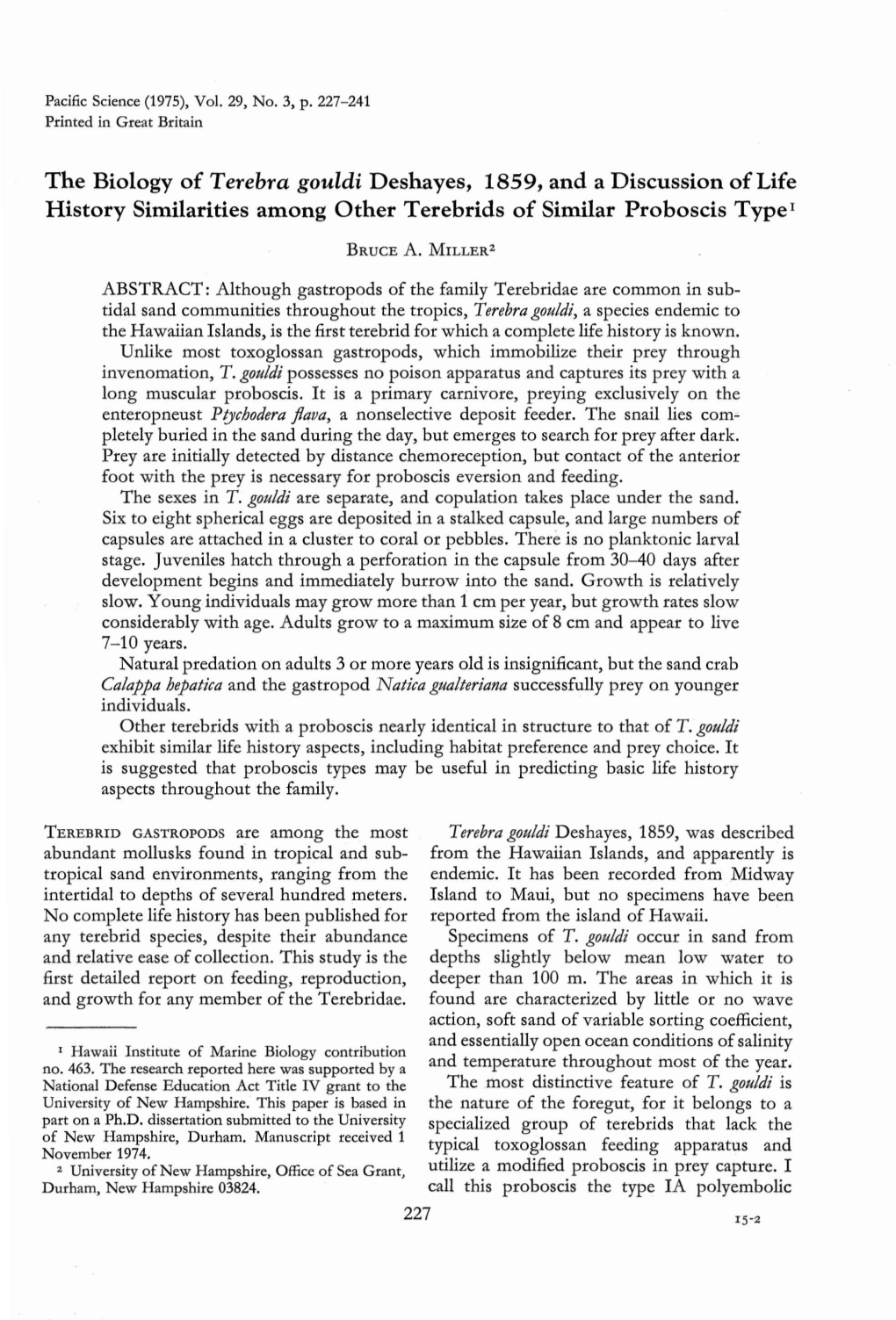 The Biology of Terebra Gouldi Deshayes, 1859, and a Discussion Oflife History Similarities Among Other Terebrids of Similar Proboscis Type!