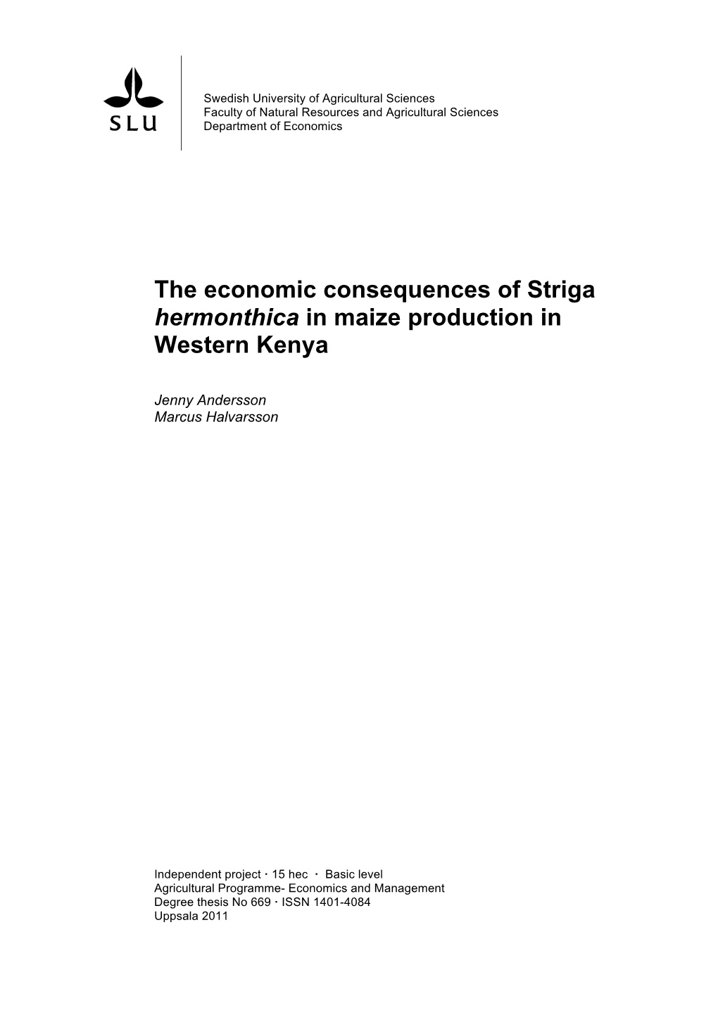 The Economic Consequences of Striga Hermonthica in Maize Production in Western Kenya