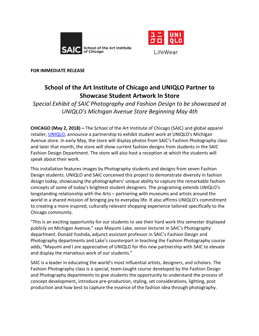 School of the Art Institute of Chicago and UNIQLO Partner to Showcase