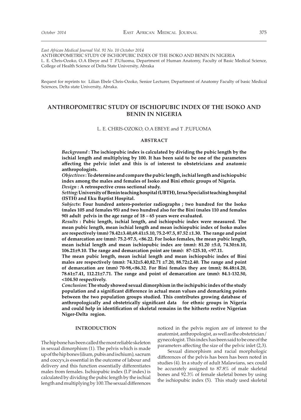 Anthropometric Study of Ischiopubic Index of the Isoko and Benin in Nigeria L