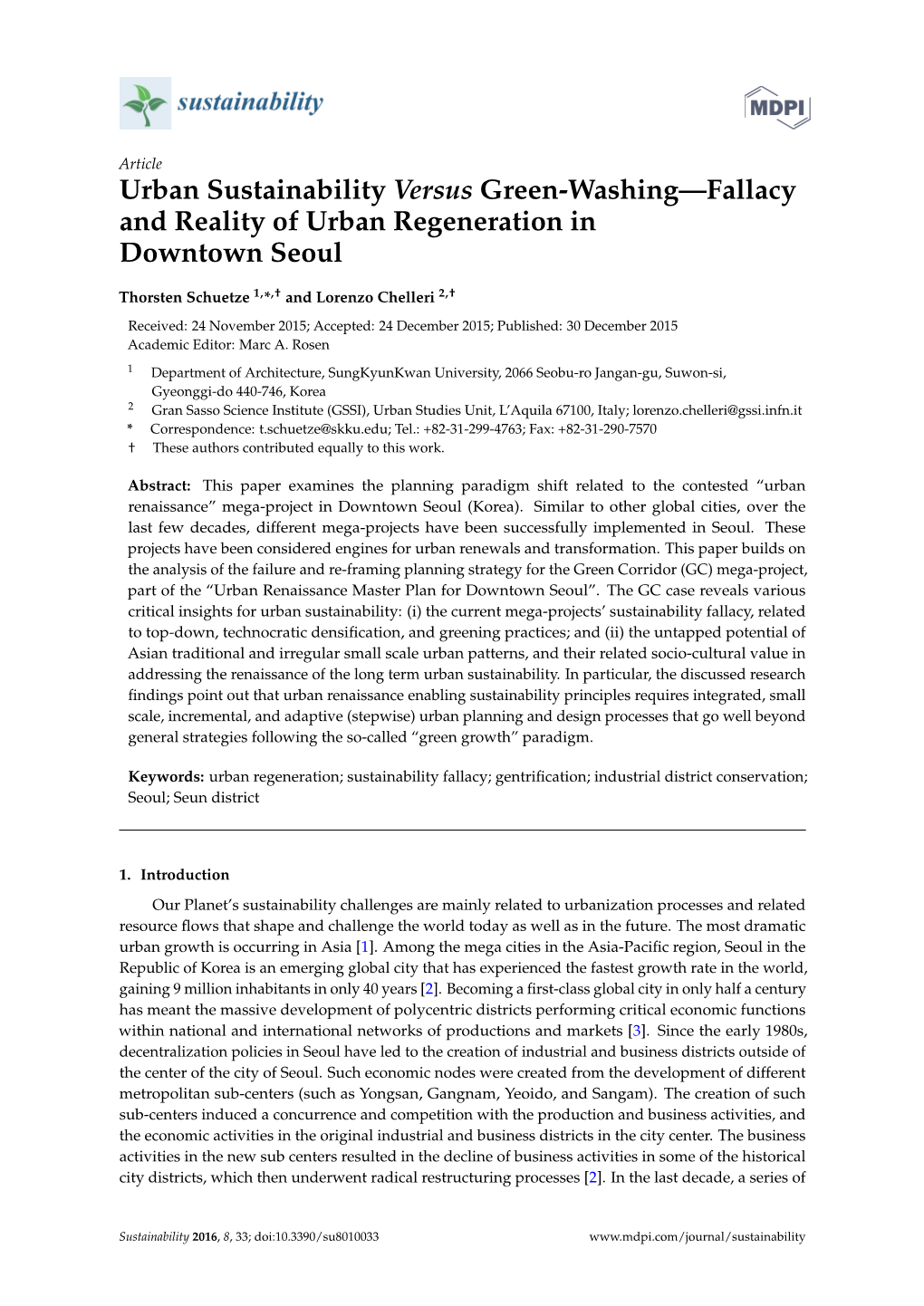 Urban Sustainability Versus Green-Washing—Fallacy and Reality of Urban Regeneration in Downtown Seoul