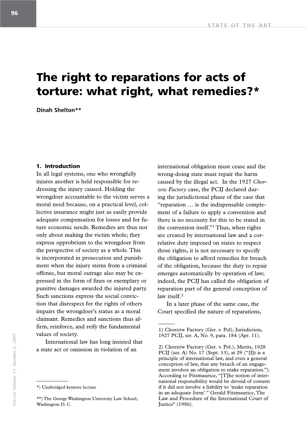 The Right to Reparations for Acts of Torture: What Right, What Remedies?*