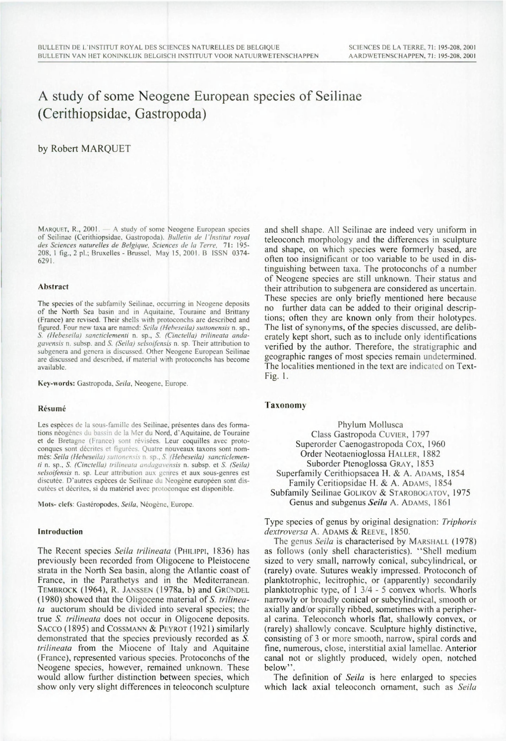 A Study of Some Neogene European Species of Seilinae (Cerithiopsidae, Gastropoda)