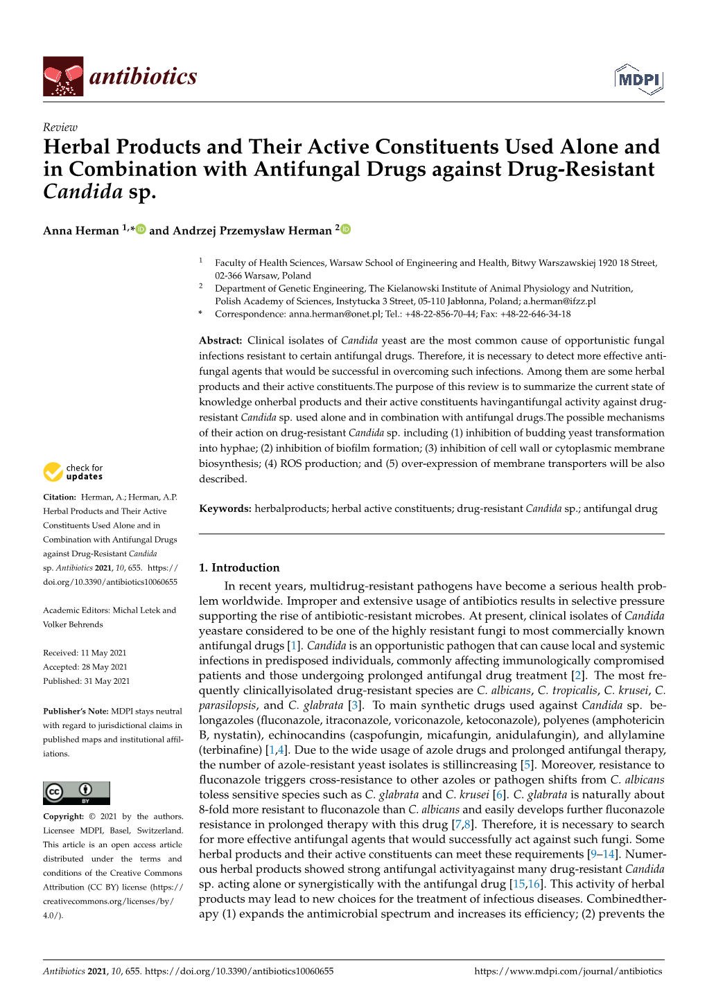 Herbal Products and Their Active Constituents Used Alone and in Combination with Antifungal Drugs Against Drug-Resistant Candida Sp