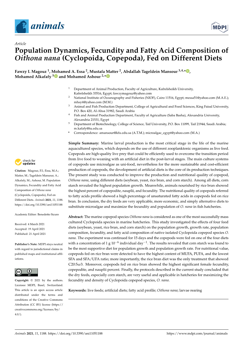 (Cyclopoida, Copepoda), Fed on Different Diets