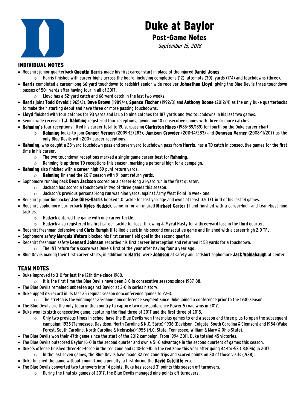 Duke at Baylor Post-Game Notes September 15, 2018