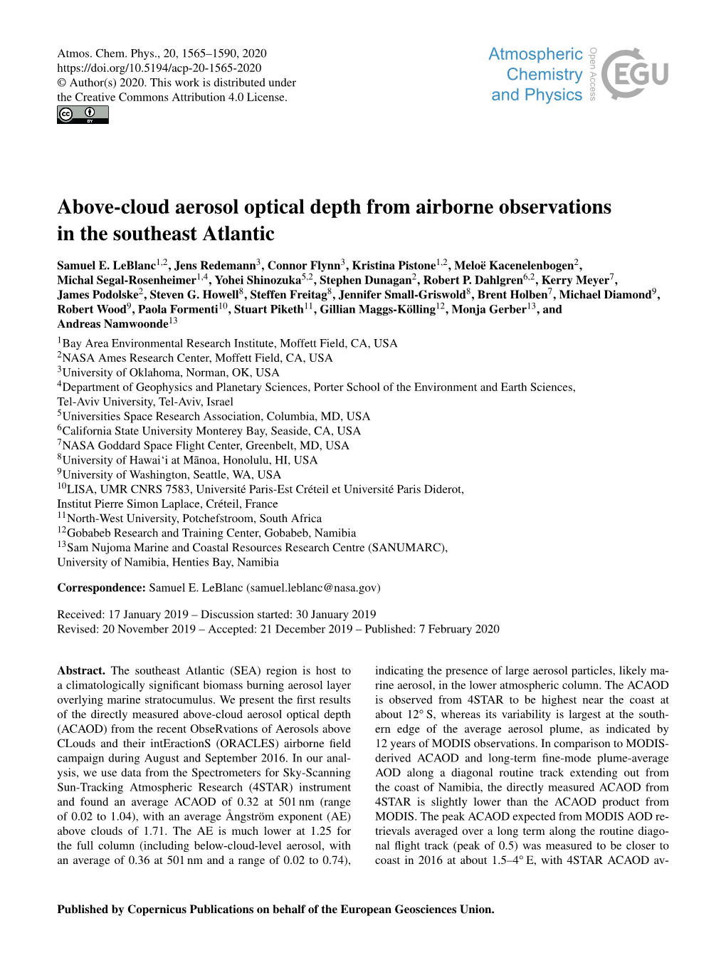 Above-Cloud Aerosol Optical Depth from Airborne Observations in the Southeast Atlantic