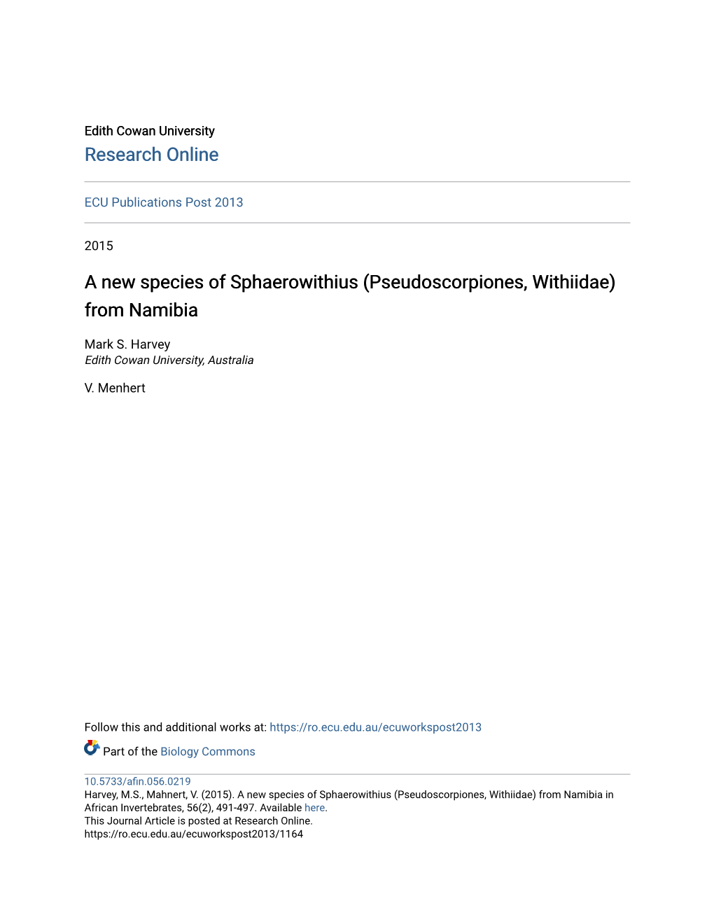 A New Species of Sphaerowithius (Pseudoscorpiones, Withiidae) from Namibia