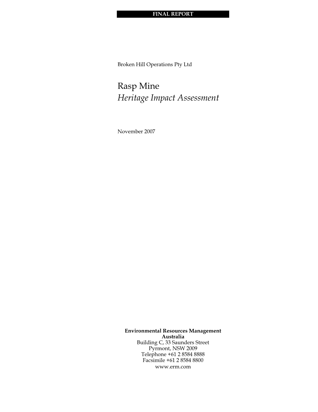 Rasp Mine Historic Heritage Assessment Report