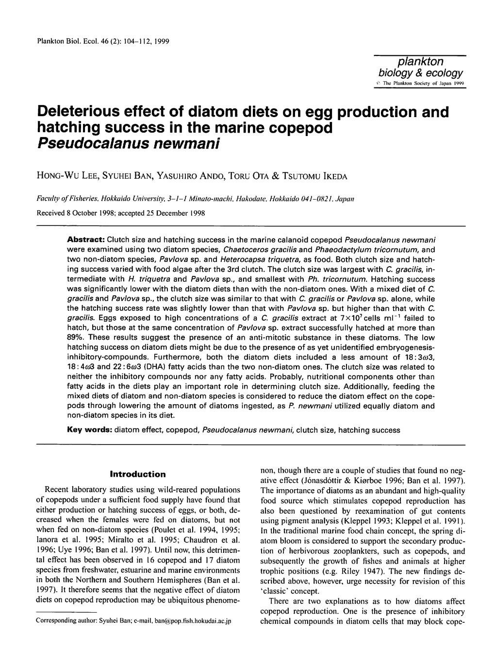 Hatching Success in the Marine Copepod Pseudocalanus Newmani