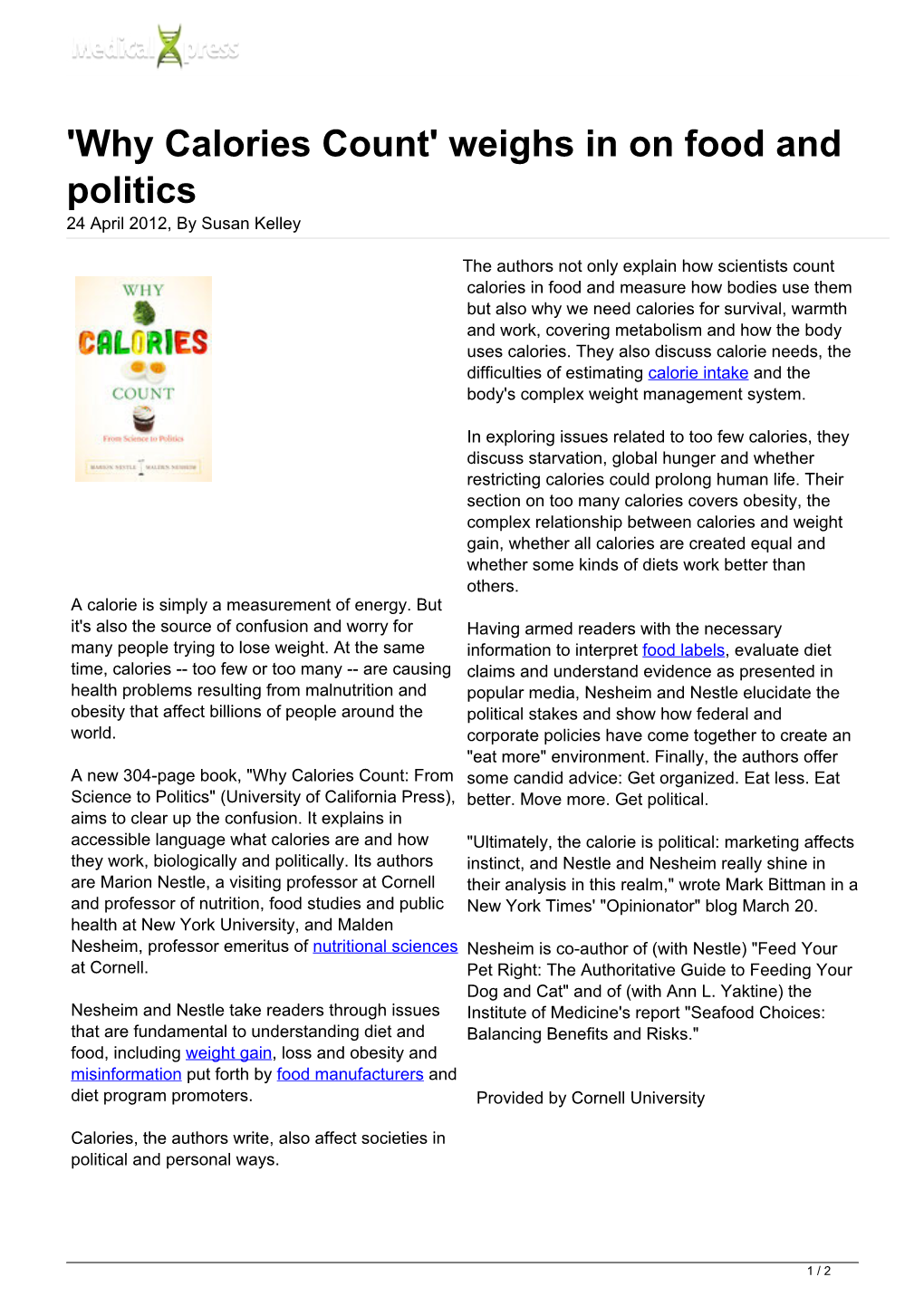 'Why Calories Count' Weighs in on Food and Politics 24 April 2012, by Susan Kelley