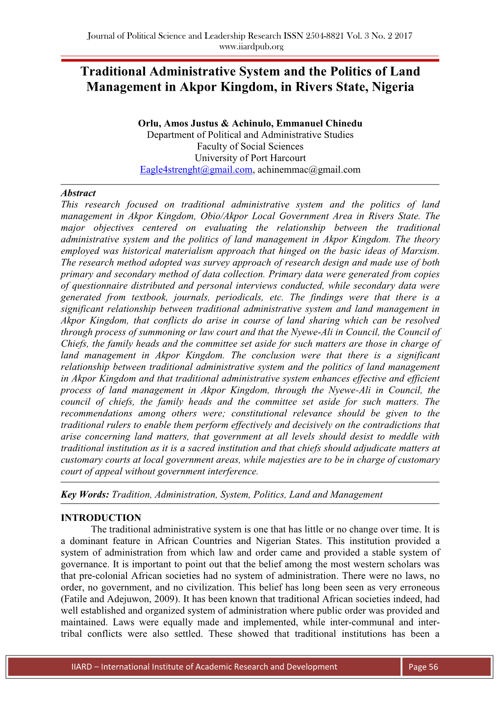 Traditional Administrative System and the Politics of Land Management in Akpor Kingdom, in Rivers State, Nigeria