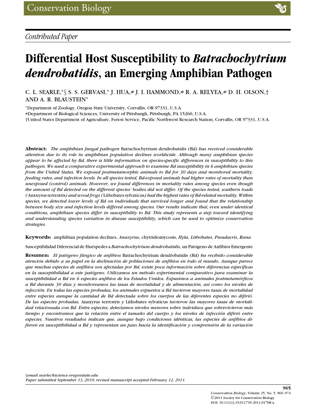 Differential Host Susceptibility to Batrachochytrium Dendrobatidis, an Emerging Amphibian Pathogen