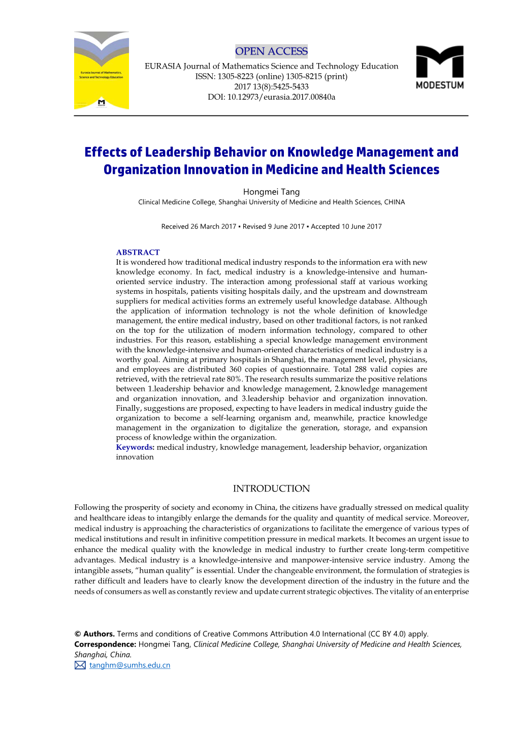 Effects of Leadership Behavior on Knowledge Management and Organization Innovation in Medicine and Health Sciences