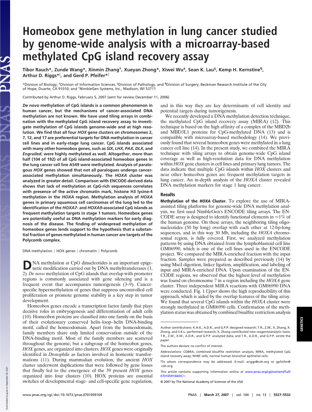 Homeobox Gene Methylation in Lung Cancer Studied by Genome-Wide Analysis with a Microarray-Based Methylated Cpg Island Recovery Assay