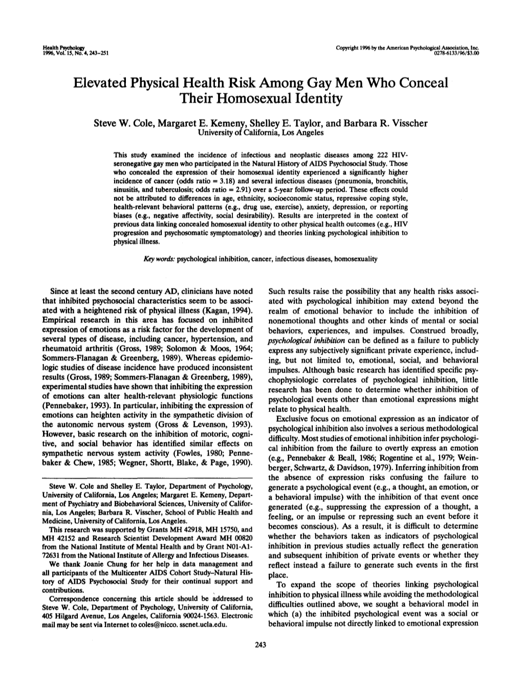 Elevated Physical Health Risk Among Gay Men Who Conceal Their Homosexual Identity