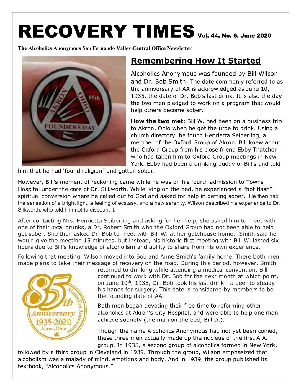 June 2020 the Alcoholics Anonymous San Fernando Valley Central Office Newsletter Remembering How It Started