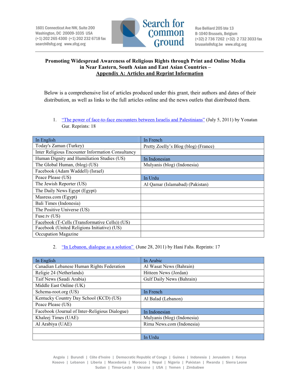 Promoting Widespread Awareness of Religious Rights Through Print and Online Media in Near Eastern, South Asian and East Asian C