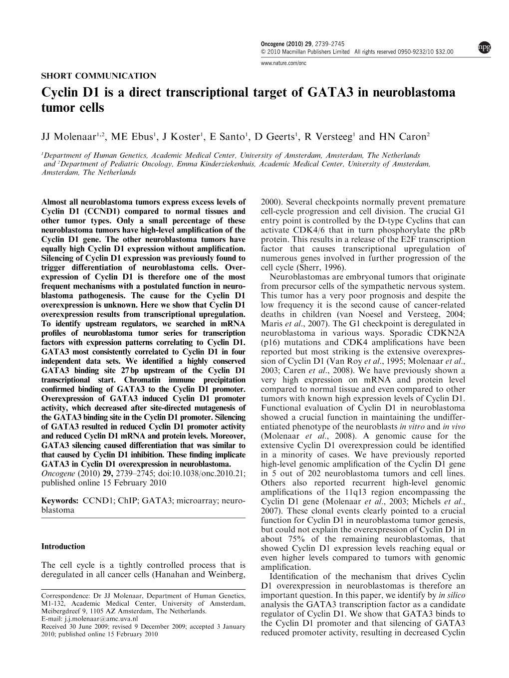 Cyclin D1 Is a Direct Transcriptional Target of GATA3 in Neuroblastoma Tumor Cells