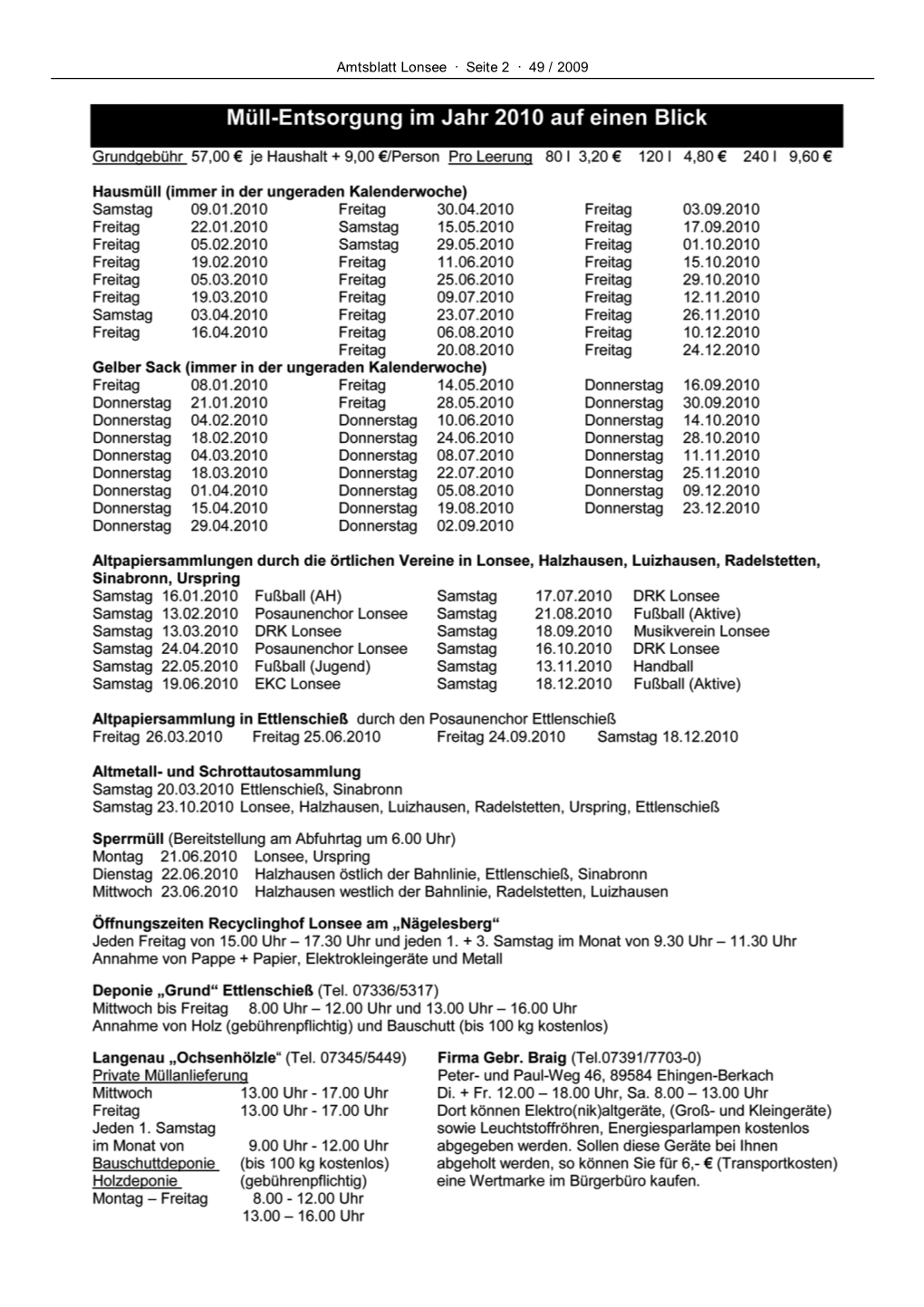 Amtsblatt Lonsee · Seite 2 · 49 / 2009