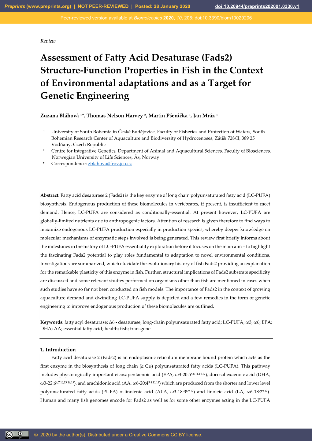 Assessment of Fatty Acid Desaturase (Fads2) Structure-Function Properties in Fish in the Context of Environmental Adaptations and As a Target for Genetic Engineering