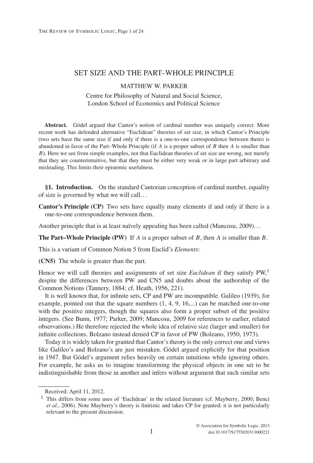 Set Size and the Part–Whole Principle Matthew W