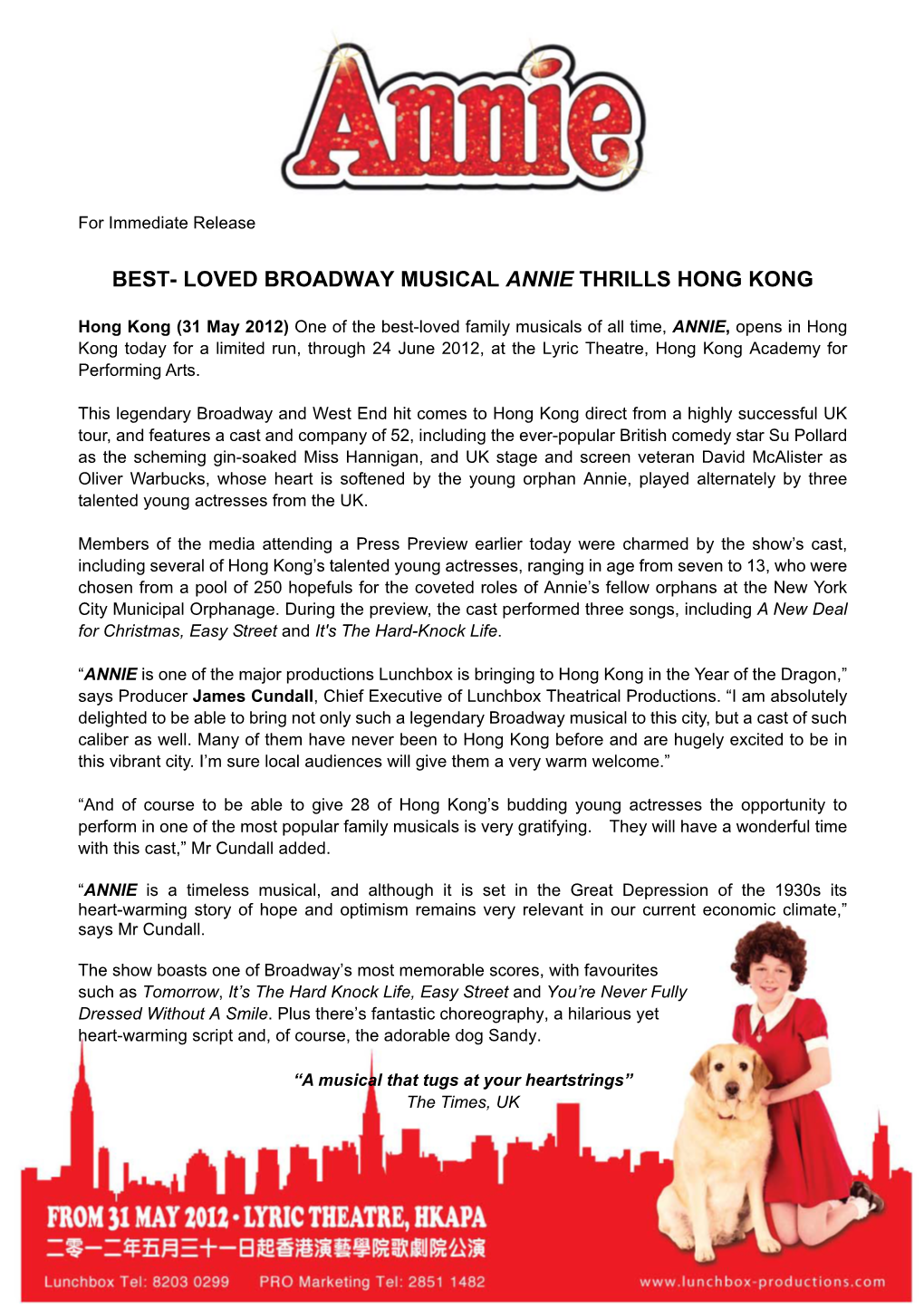 Best- Loved Broadway Musical Annie Thrills Hong Kong