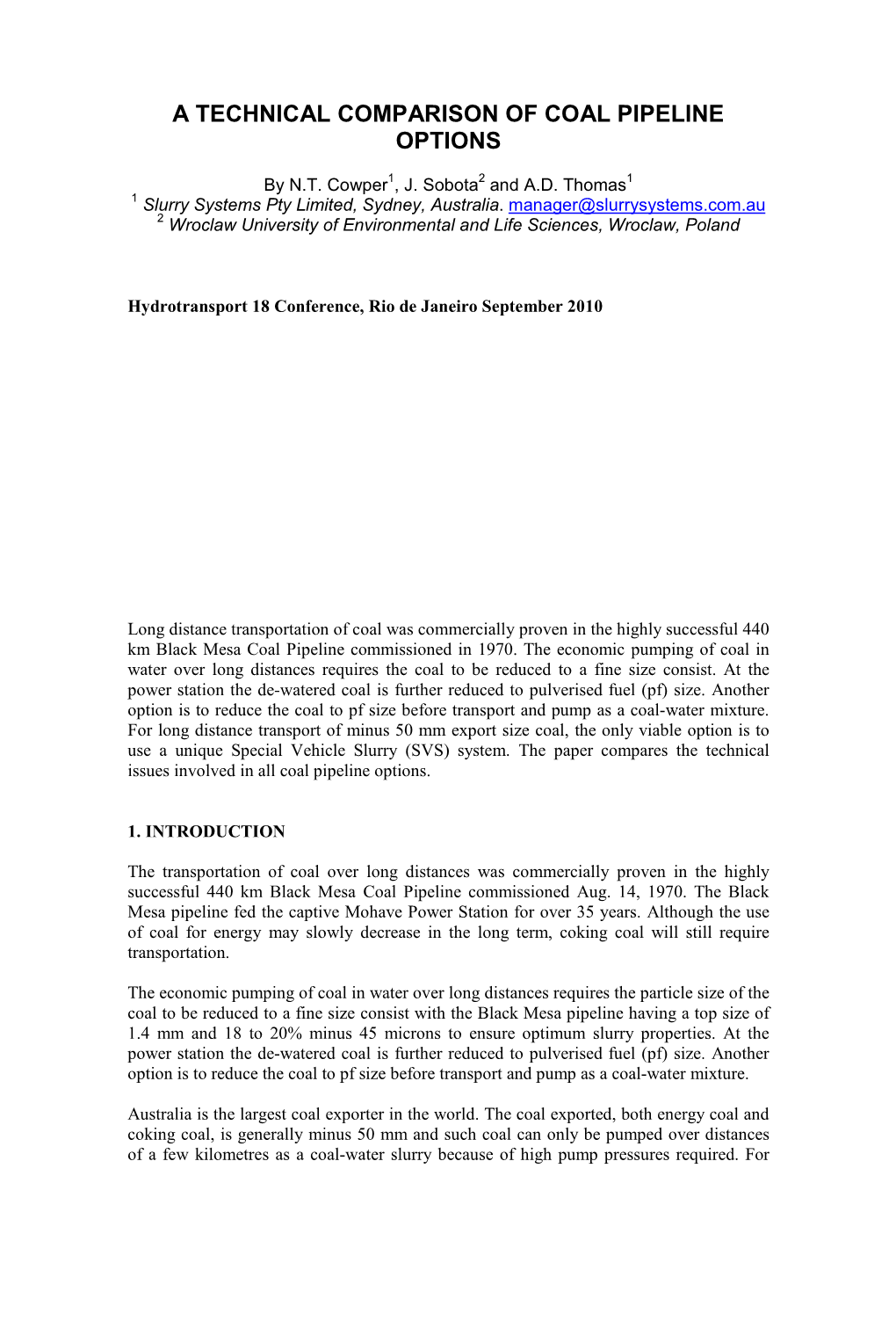 A Technical Comparison of Coal Pipeline Options