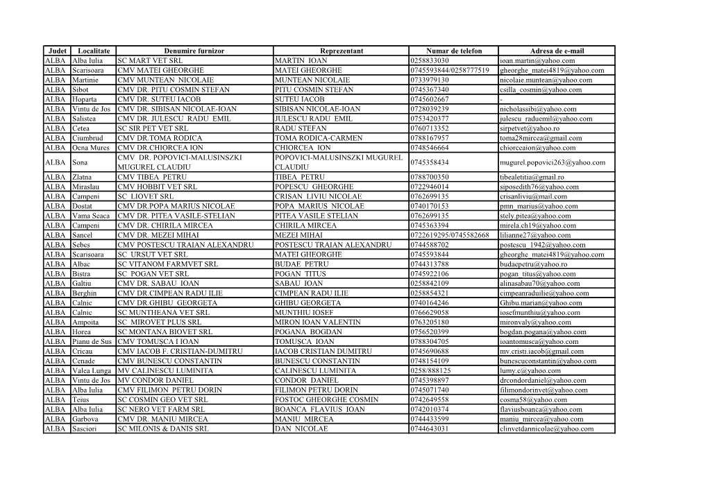 Judet Localitate Denumire Furnizor Reprezentant Numar De Telefon