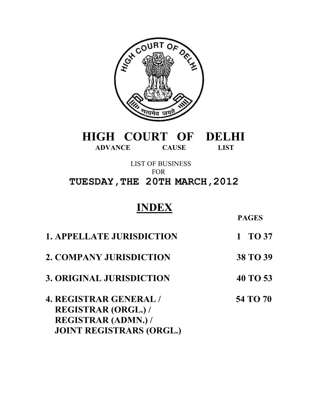 High Court of Delhi Advance Cause List